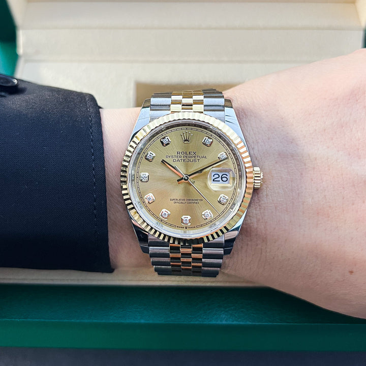 Rolex Datejust36 36mm Steel/YG Champagne Dial Diamond Markers 2025 Ref m126233-0017 (#983)