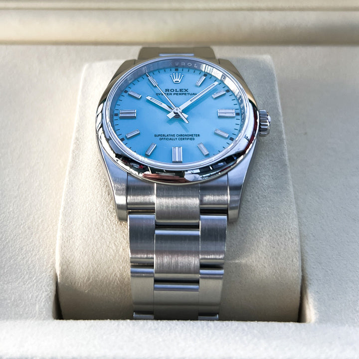 Rolex Oyster Perpetual36 36mm 'Tiffany Blue' Steel Turquoise Blue Dial Stick Markers 2025 Ref m126000-0006 (#945)