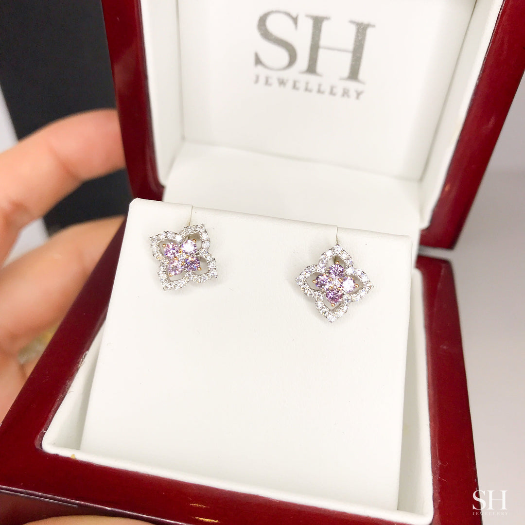 Pink Diamond Centre Clover Halo Earrings — 18kt White Gold (Clearance)