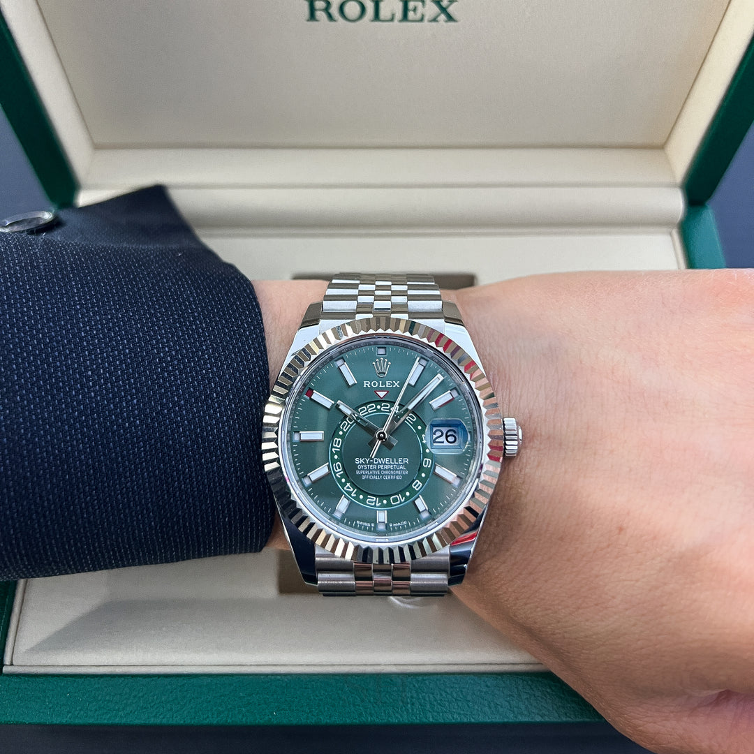 Rolex Sky-Dweller 42mm Steel/WG Mint Green Dial Stick Markers 2025 Ref m336934-0002 (#1041)