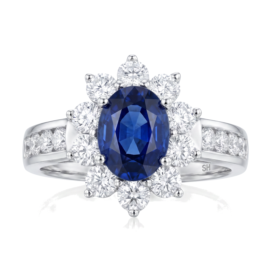 Floral Halo Ring with Oval Ceylon Sapphire — 1.22ct (Clearance)