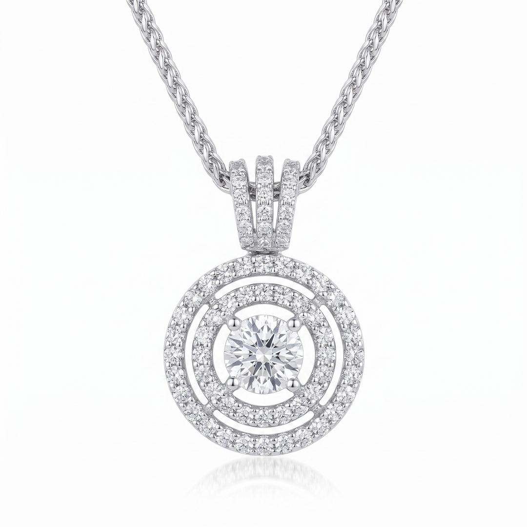 Round Brilliant Solitaire Pendant with Double Halo — 1.00ct D SI2 (Clearance)