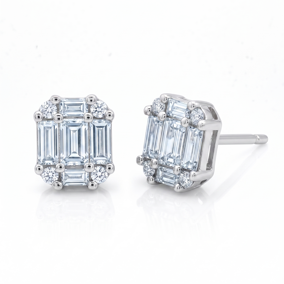 Baguette and Round Brilliant Cluster Stud Earrings — 0.61ct TW (Clearance)