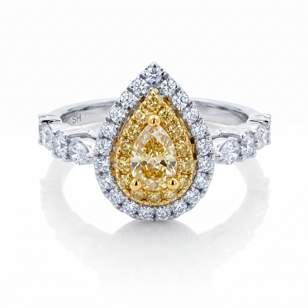 Two-Tone Fancy Yellow Pear Diamond Double-Halo Ring (Clearance)