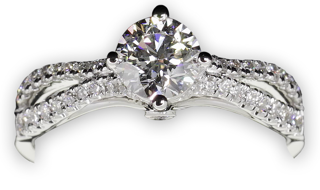 Modern 4-Claw engagement ring with bow-shaped pavé set band - W0026 (Lab Grown)