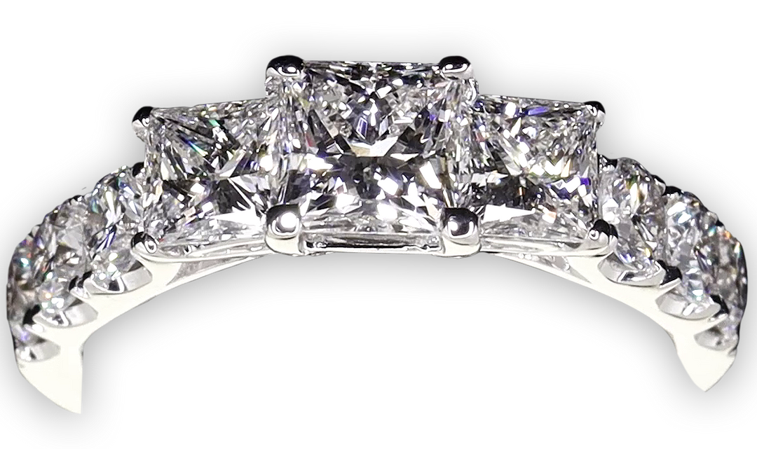 Modern Princess Cut Trilogy Ring with Claw Set Band - W0033 (Lab Grown)