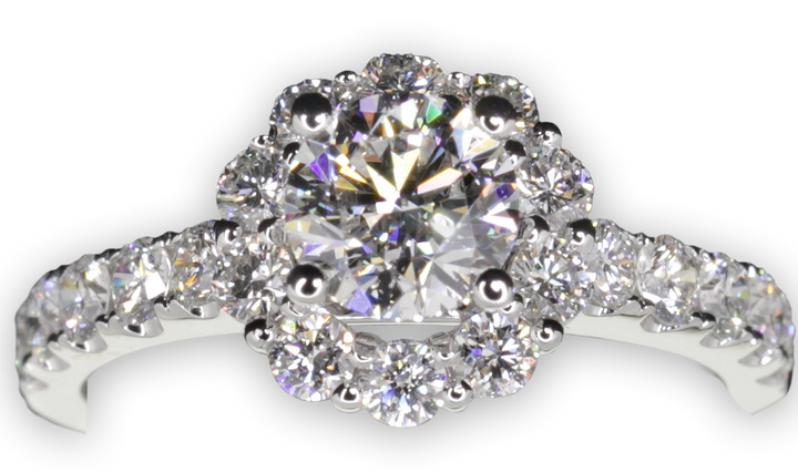 Floral Halo Style Engagement Ring with Pavé Set Band - W0251 (Lab Grown)