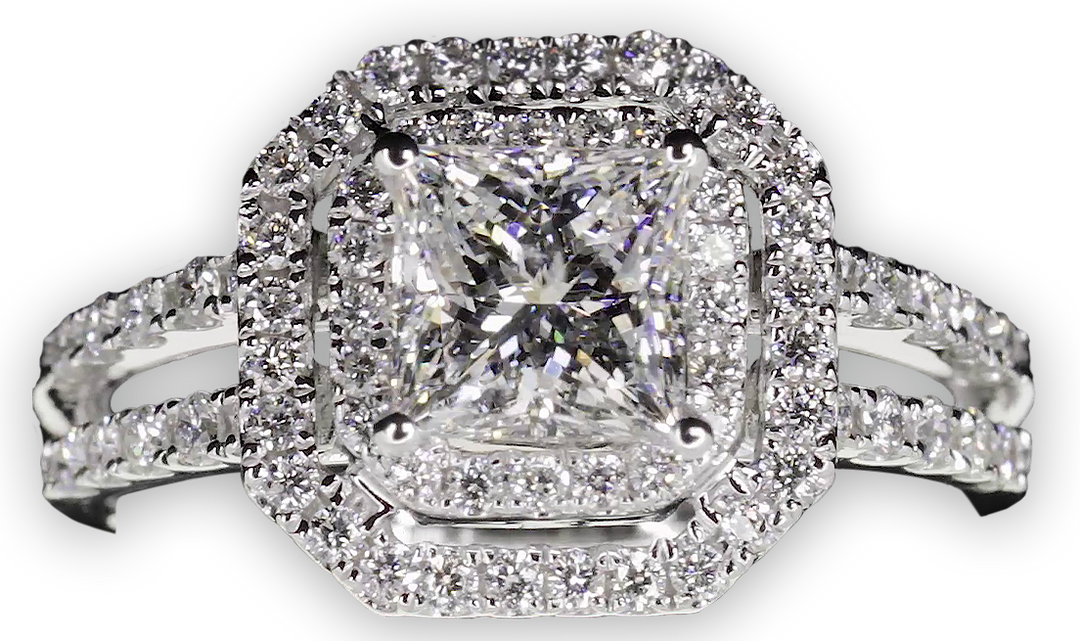 Octagon Double Halo with Princess Cut Centre and Twin Parallel Bands - W0404 (Lab Grown)
