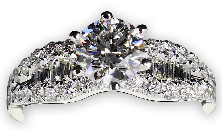 Bold 6-Claw Ring with Channel Set Baguette Diamond Band - W0409 (Lab Grown)