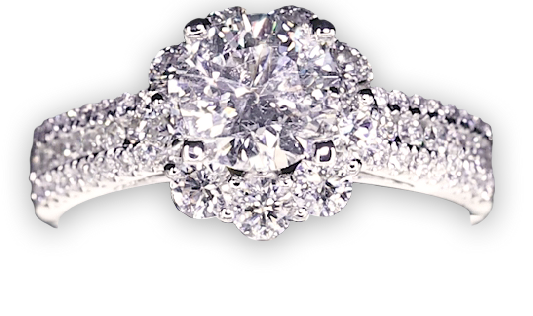 Modern Floral Halo Engagement Ring with 3.5mm 3-Row Band - W0805 (Lab Grown)