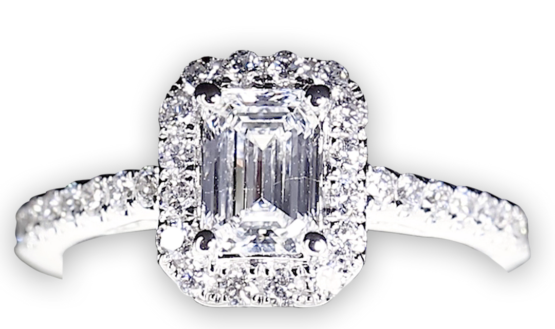 Slim Emerald Cut Halo With Pavé Set Diamond Band - W0879 (Lab Grown)