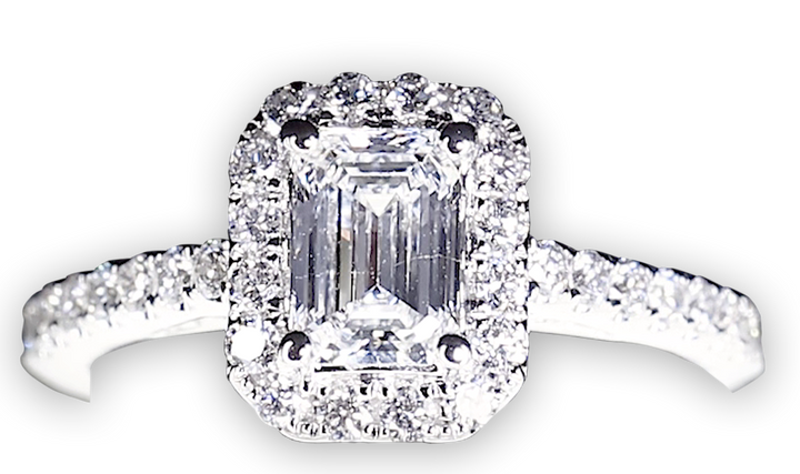 Slim Emerald Cut Halo With Pavé Set Diamond Band - W0879 (Lab Grown)