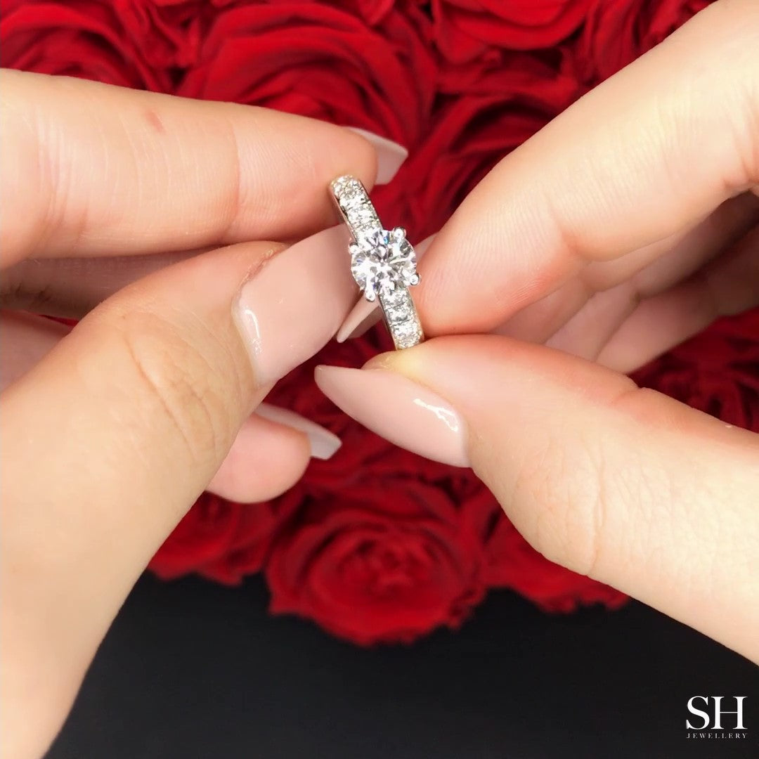 Modern 4-Claw Engagement Ring with Grain Set Diamond Band - W0019 (Lab Grown)