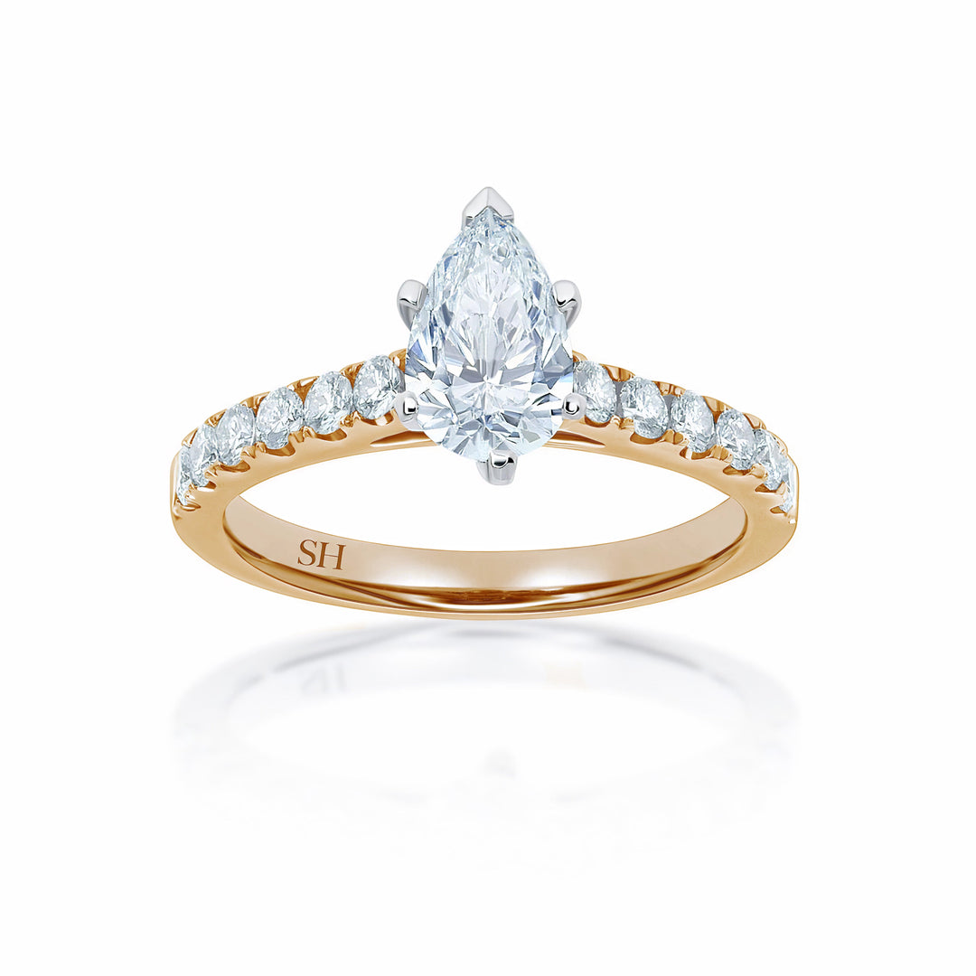 Modern 6-Claw Pear Shaped diamond engagement ring with pavé set band - W0025 (Lab Grown)