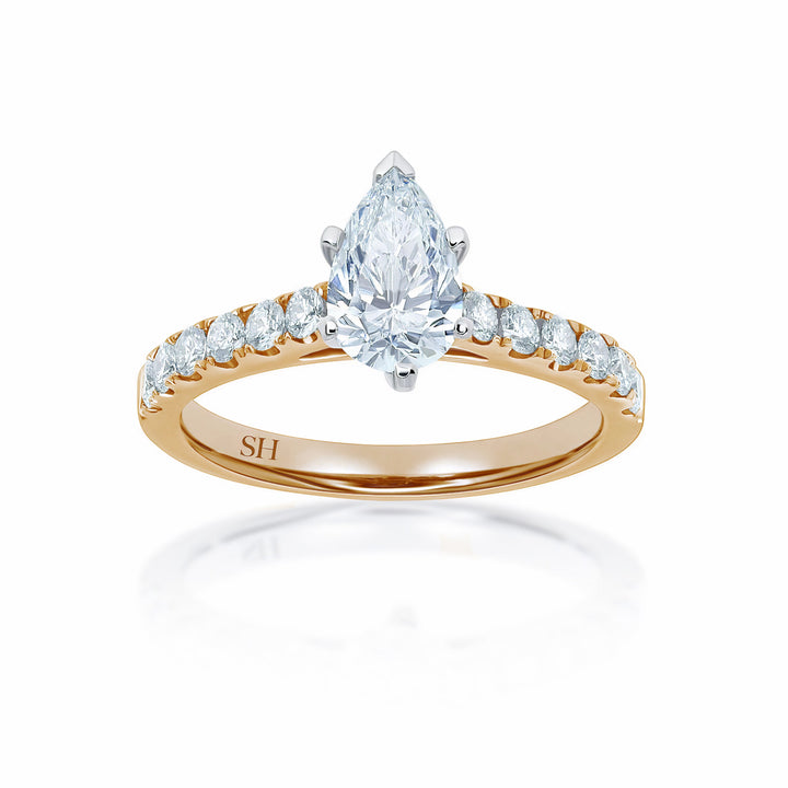 Modern 6-Claw Pear Shaped diamond engagement ring with pavé set band - W0025 (Lab Grown)