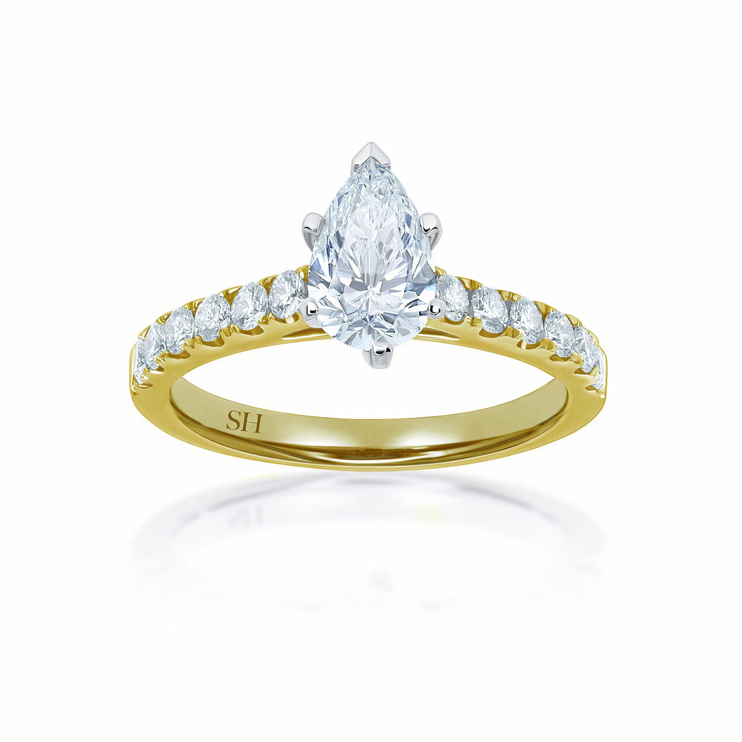 Modern 6-Claw Pear Shaped diamond engagement ring with pavé set band - W0025 (Lab Grown)