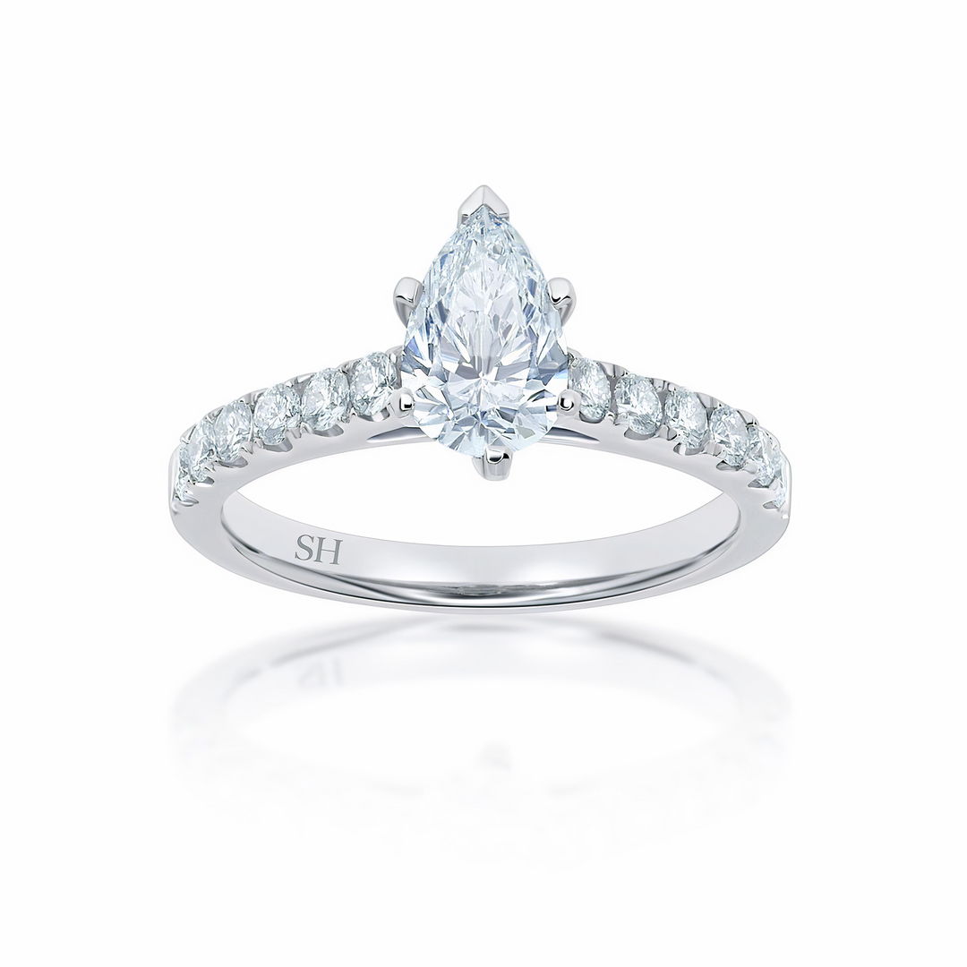 Modern 6-Claw Pear Shaped diamond engagement ring with pavé set band - W0025 (Lab Grown)