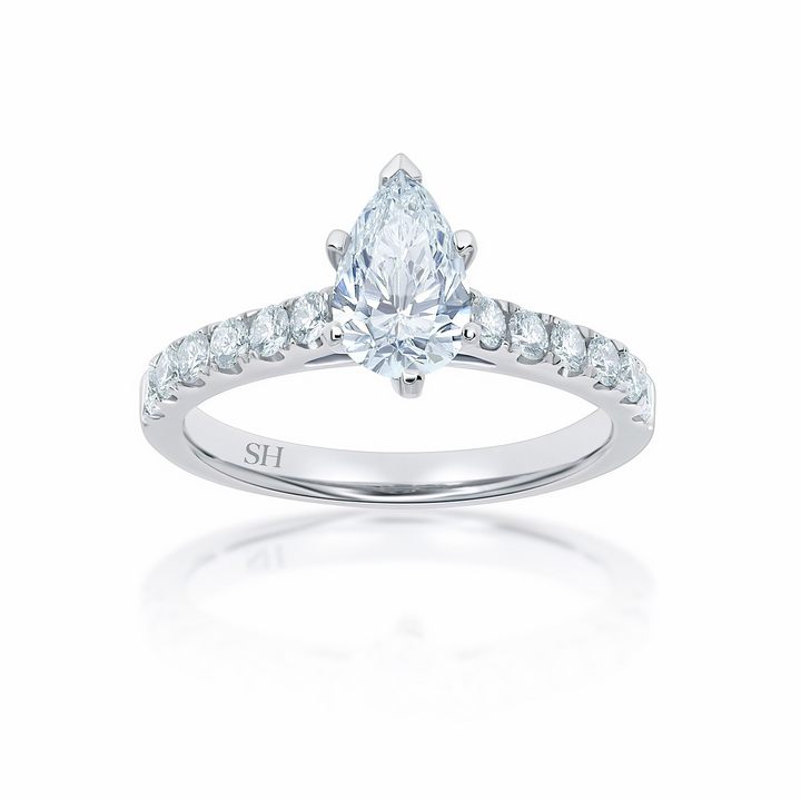 Modern 6-Claw Pear Shaped diamond engagement ring with pavé set band - W0025 (Lab Grown)