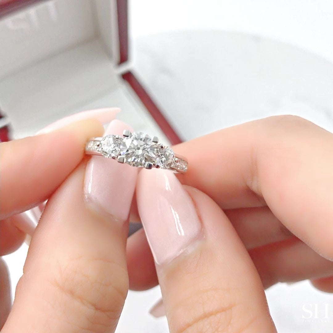 Modern 4-Claw trilogy ring with channel set band - W0032 (Lab Grown)