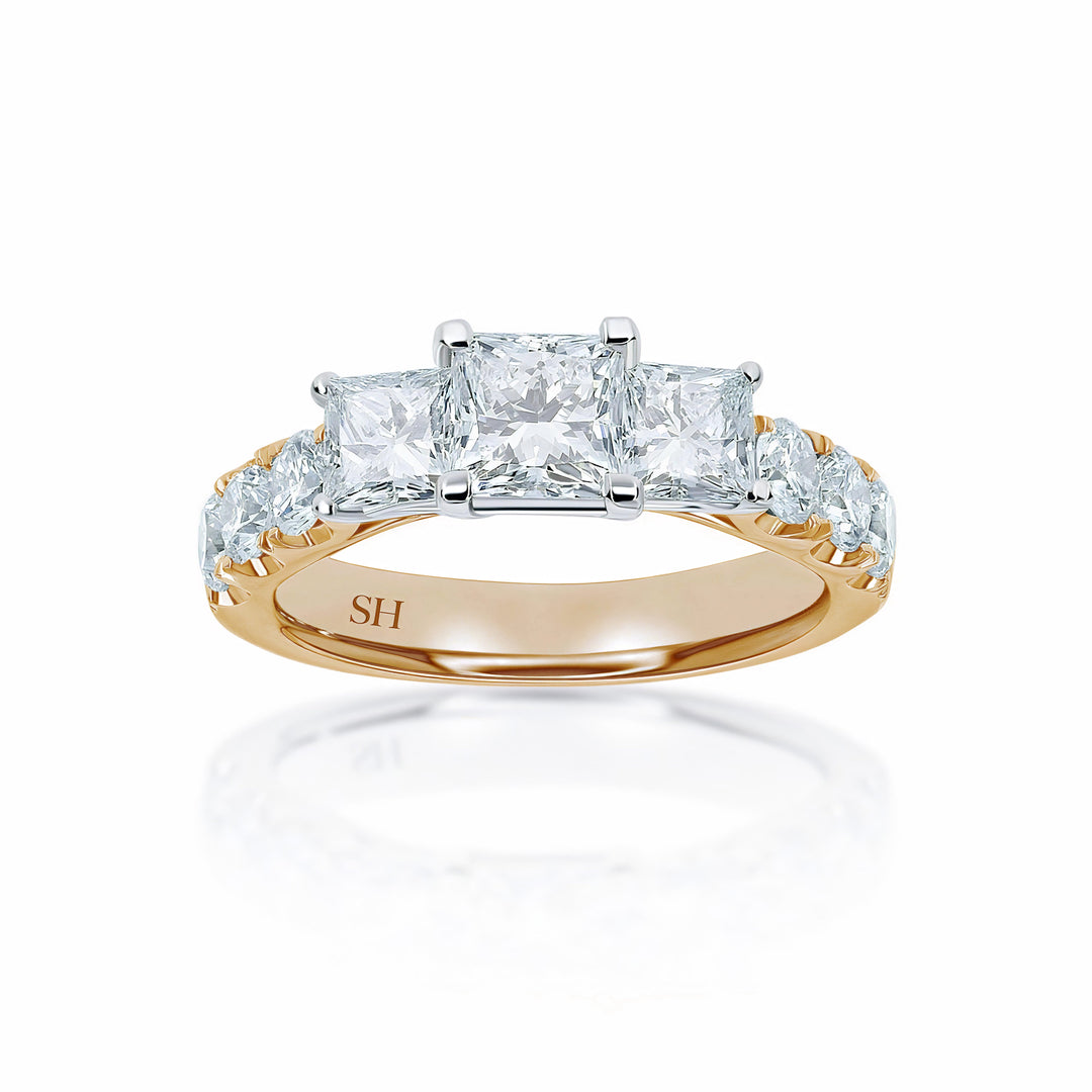 Modern Princess Cut Trilogy Ring with Claw Set Band - W0033 (Lab Grown)