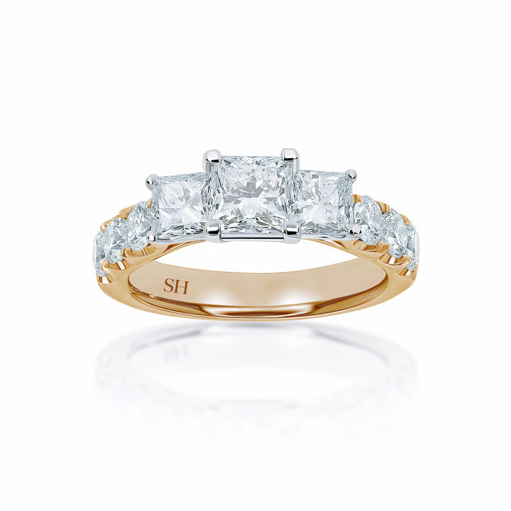 Modern Princess Cut Trilogy Ring with Claw Set Band - W0033 (Lab Grown)