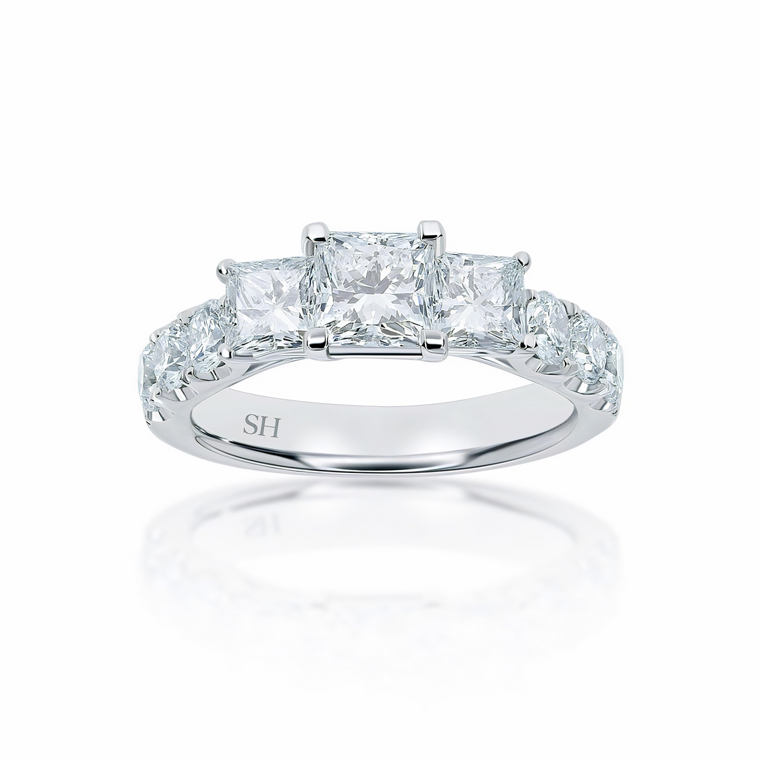 Modern Princess Cut Trilogy Ring with Claw Set Band - W0033 (Lab Grown)