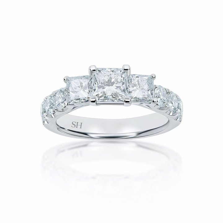 Modern Princess Cut Trilogy Ring with Claw Set Band - W0033 (Lab Grown)