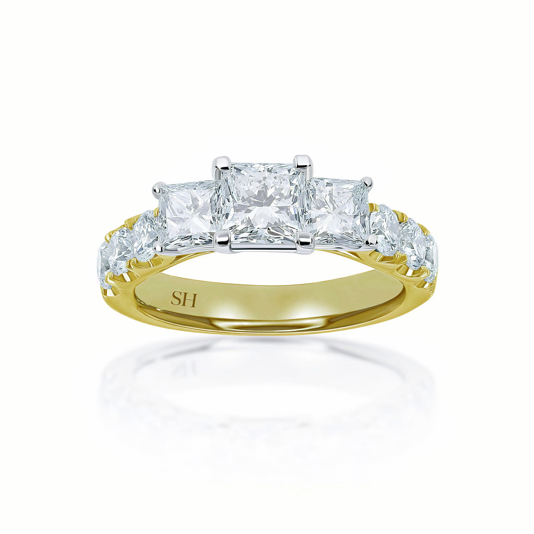 Modern Princess Cut Trilogy Ring with Claw Set Band - W0033 (Lab Grown)