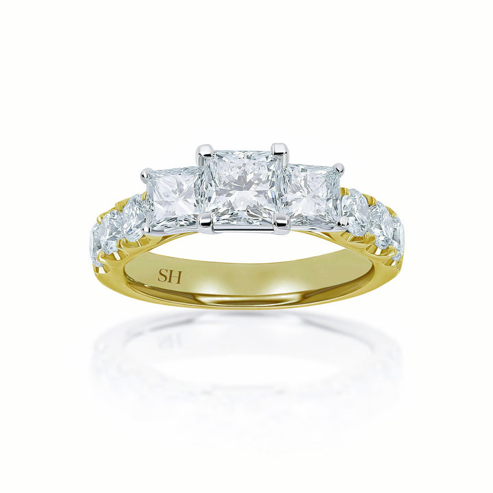 Modern Princess Cut Trilogy Ring with Claw Set Band - W0033 (Lab Grown)
