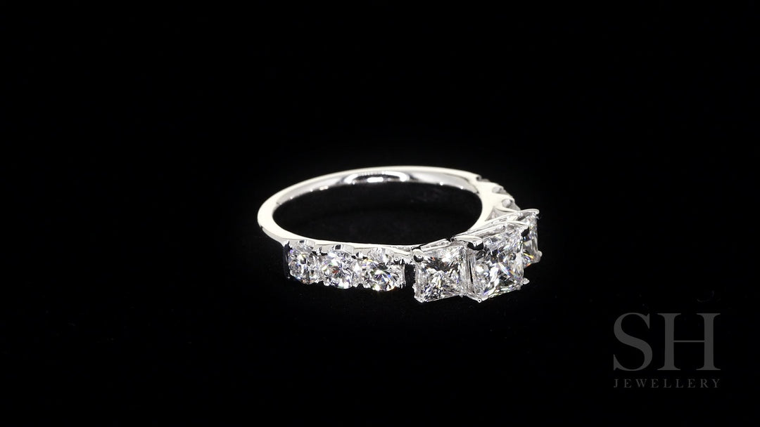 Modern Princess Cut Trilogy Ring with Claw Set Band - W0033 (Lab Grown)