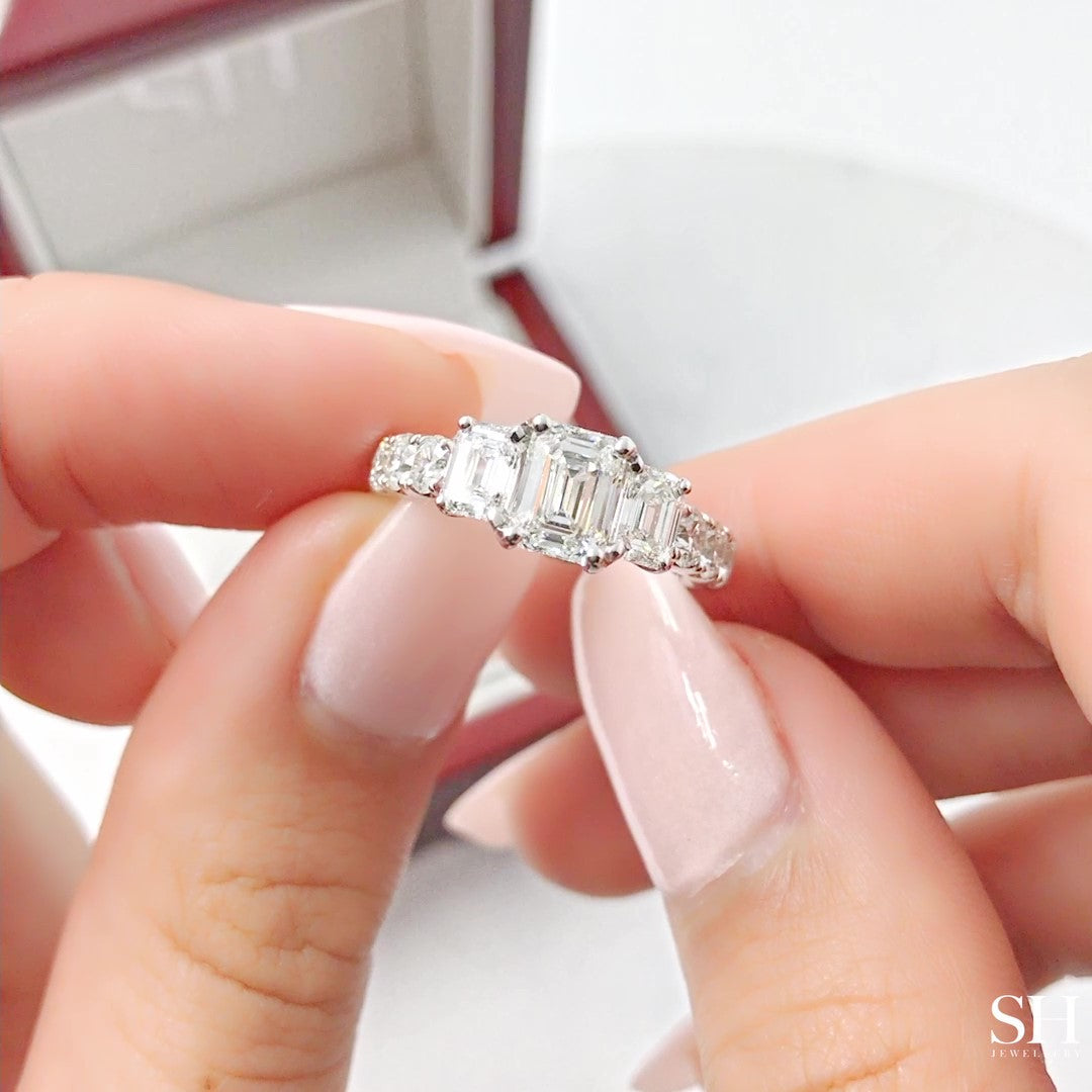 Trilogy Emerald Cut Engagement Ring with Claw Set Band - W0034 (Lab Grown)