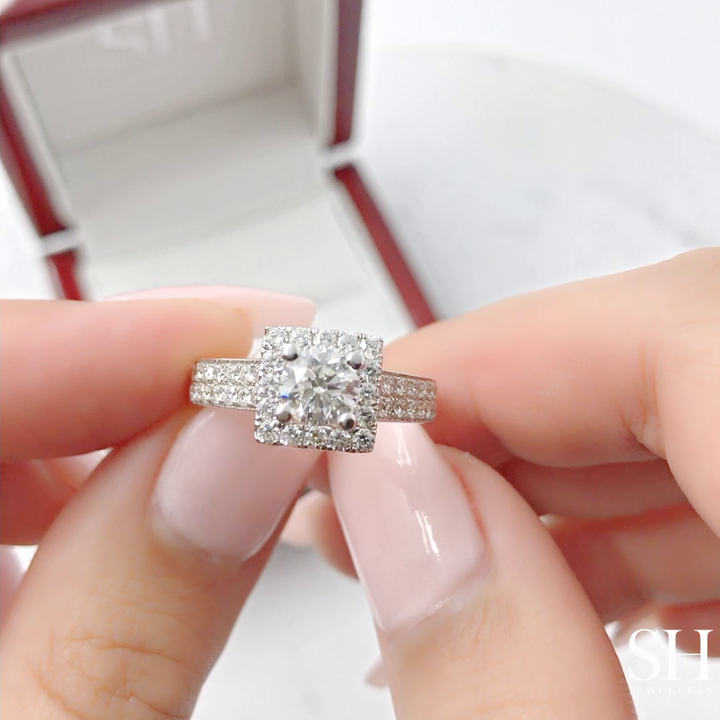 Square Halo with Double-Row Pavé Set Band - W0037 (Lab Grown)