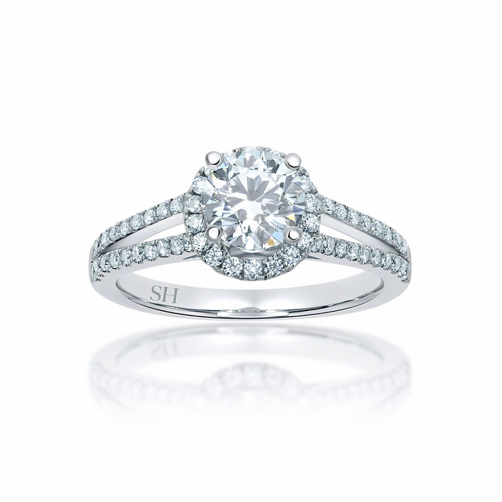 Halo Style Engagement Ring with Twin Pavé-Set Diamond Bands - W0038 (Lab Grown)