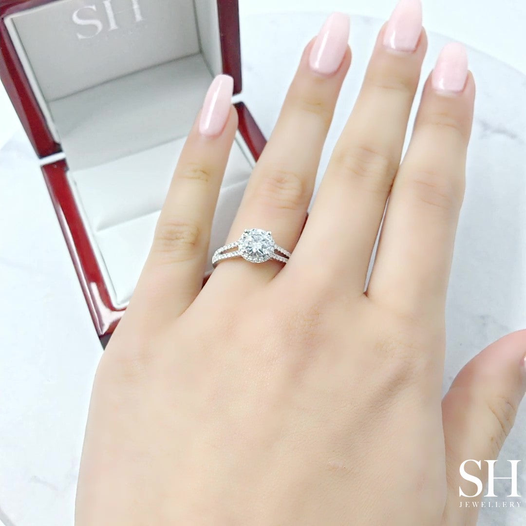Halo Style Engagement Ring with Twin Pavé-Set Diamond Bands - W0038 (Lab Grown)