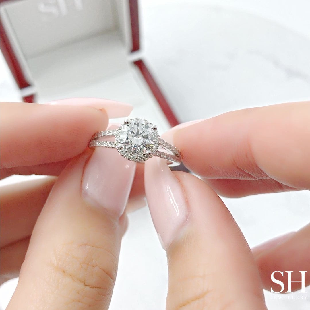 Halo Style Engagement Ring with Twin Pavé-Set Diamond Bands - W0038 (Lab Grown)