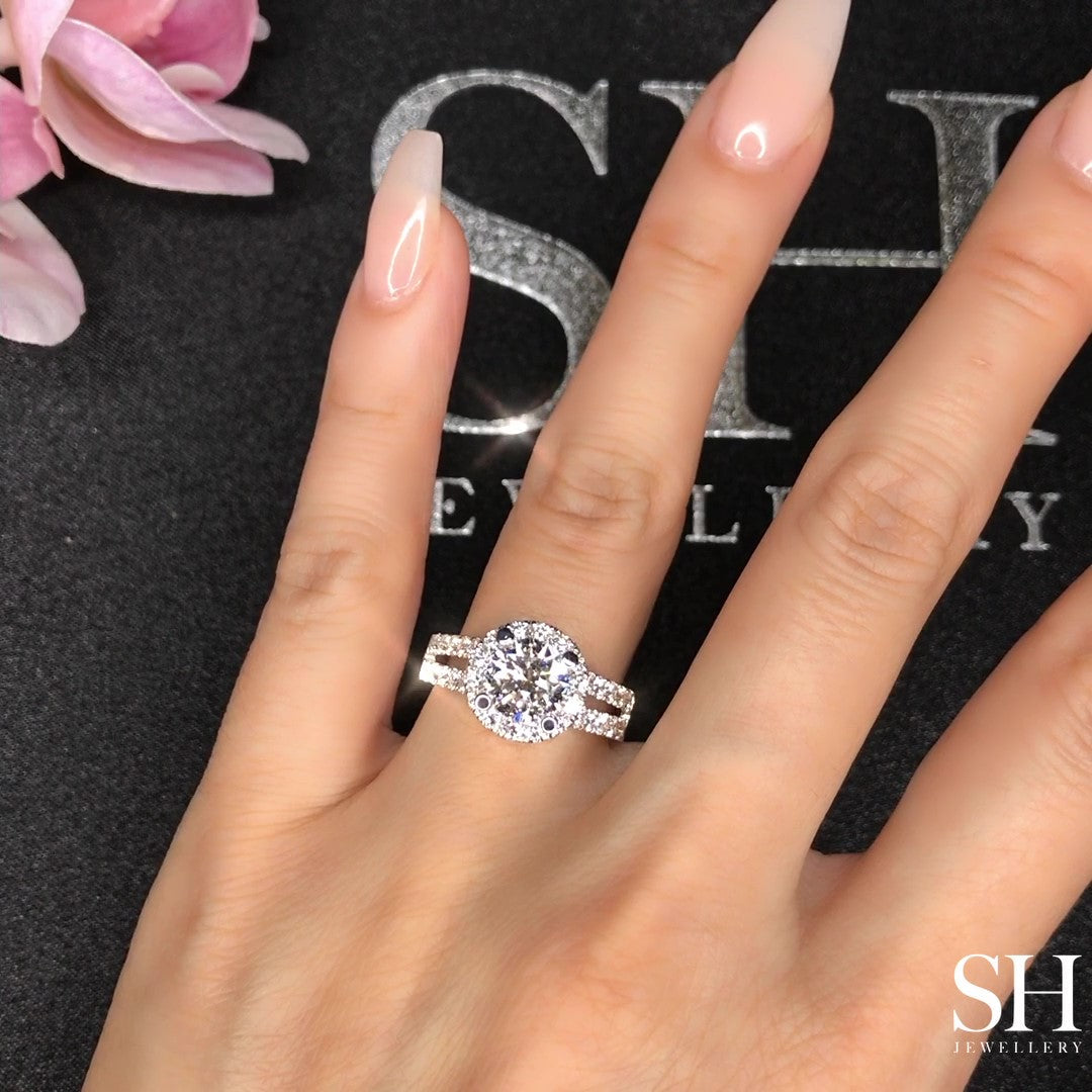Halo Style Engagement Ring with Twin Pavé-Set Diamond Bands - W0039 (Lab Grown)