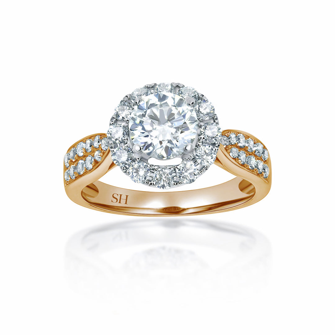 Halo style engagement ring with tapered pavé set diamond band - W0040 (Lab Grown)