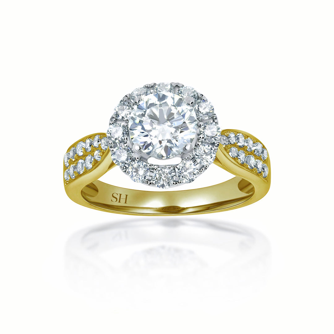 Halo style engagement ring with tapered pavé set diamond band - W0040 (Lab Grown)