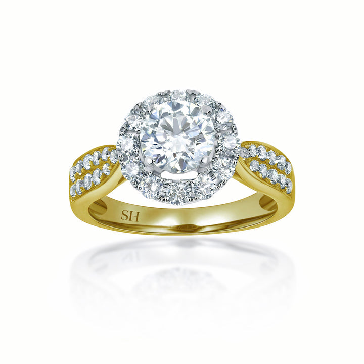 Halo style engagement ring with tapered pavé set diamond band - W0040 (Lab Grown)