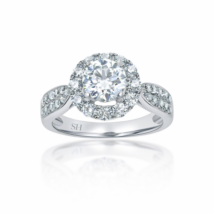 Halo style engagement ring with tapered pavé set diamond band - W0040 (Lab Grown)