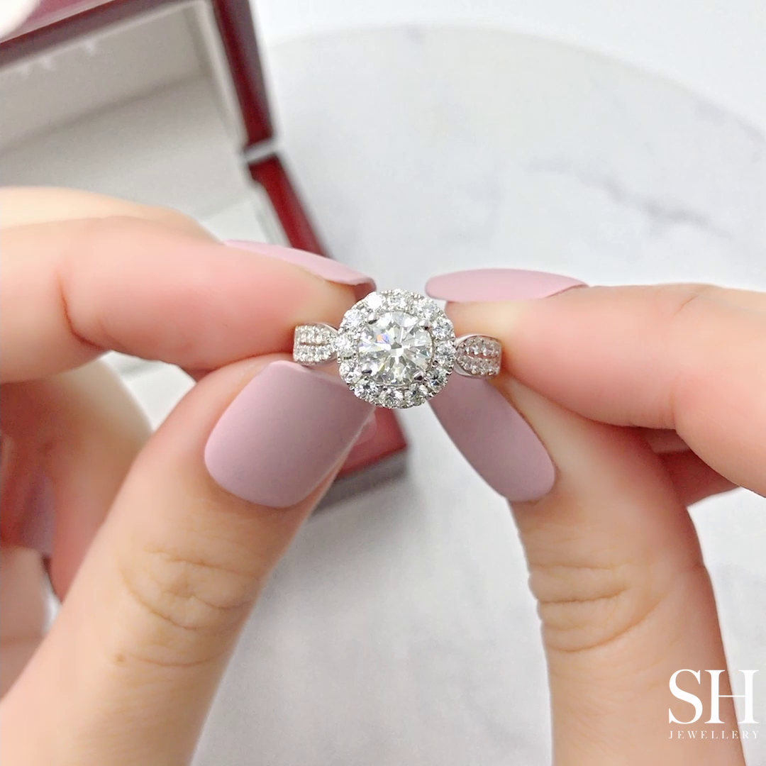 Halo style engagement ring with tapered pavé set diamond band - W0040 (Lab Grown)