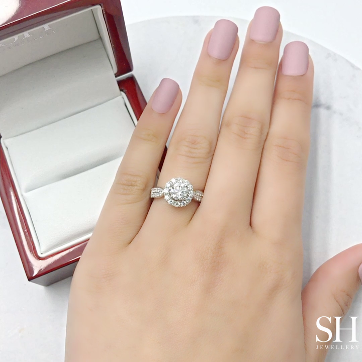 Halo style engagement ring with tapered pavé set diamond band - W0040 (Lab Grown)