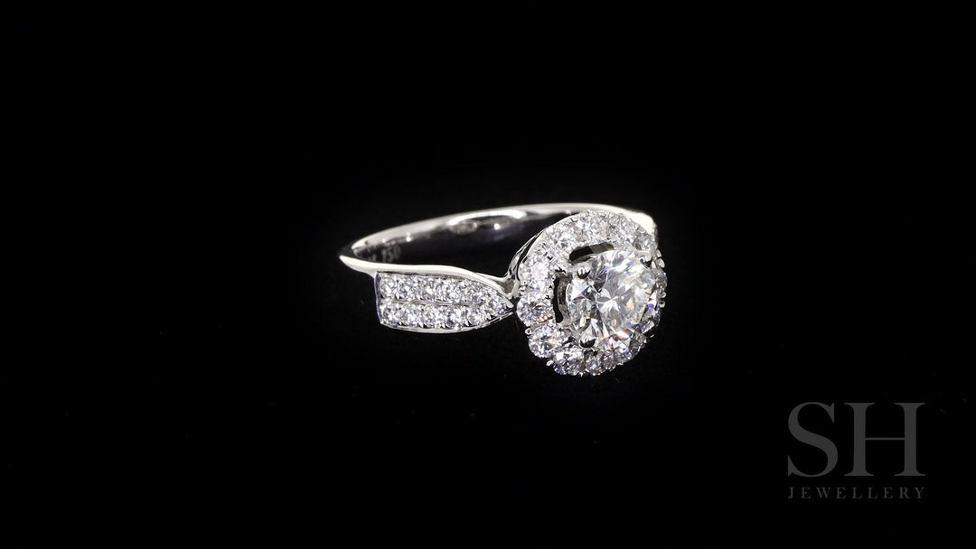 Halo style engagement ring with tapered pavé set diamond band - W0040 (Lab Grown)
