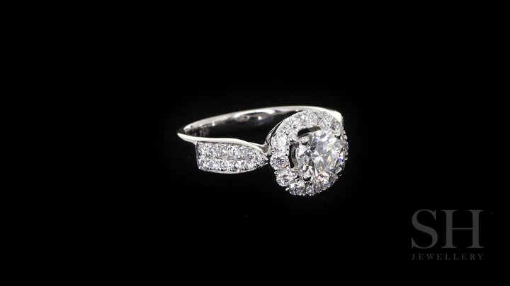 Halo style engagement ring with tapered pavé set diamond band - W0040 (Lab Grown)