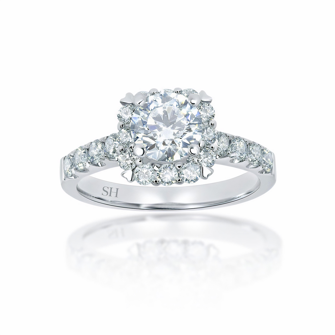 Modern Cushion Shape Halo with Pavé Set Diamond Band - W0041 (Lab Grown)