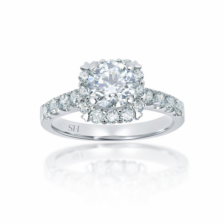 Modern Cushion Shape Halo with Pavé Set Diamond Band - W0041 (Lab Grown)