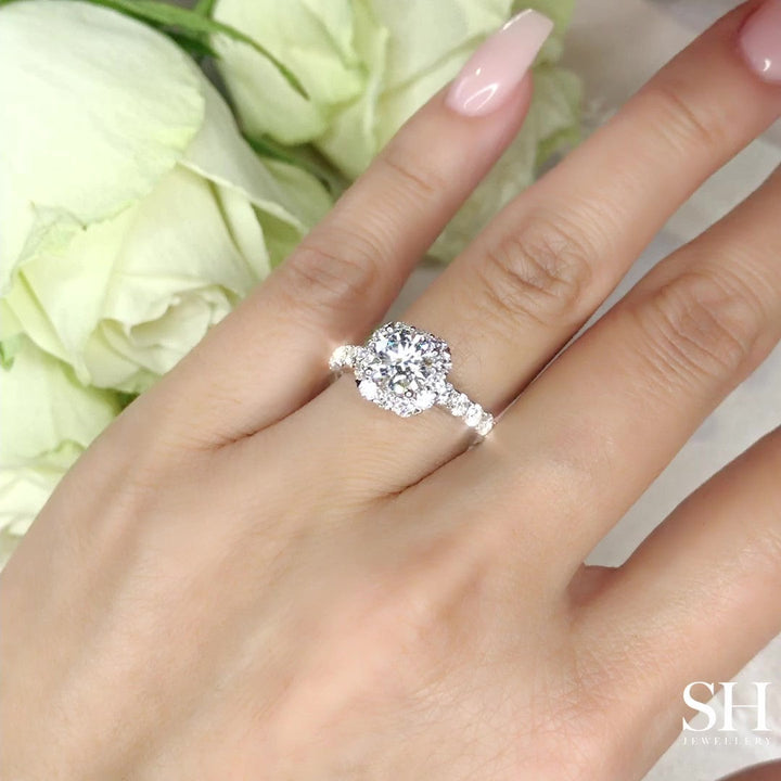 Modern Cushion Shape Halo with Pavé Set Diamond Band - W0041 (Lab Grown)