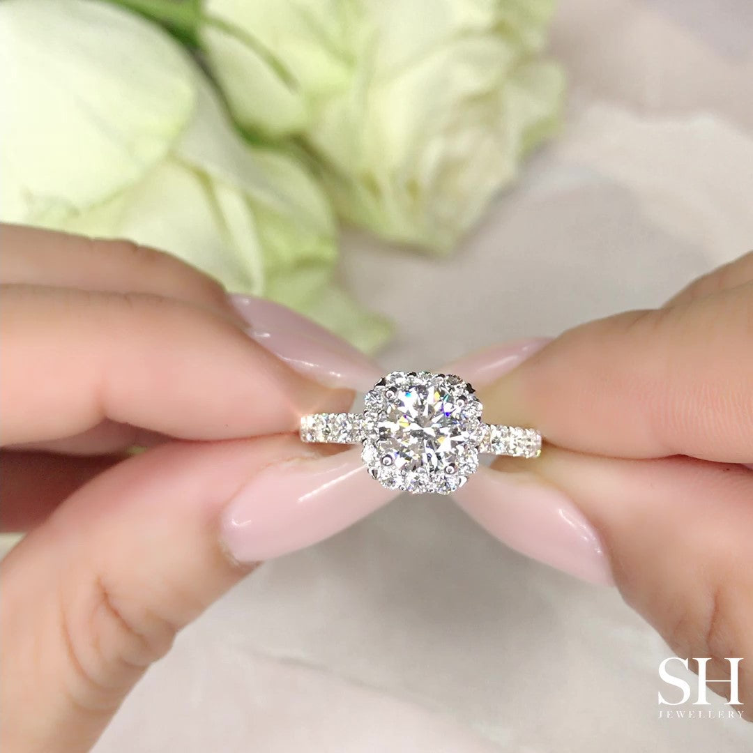 Modern Cushion Shape Halo with Pavé Set Diamond Band - W0041 (Lab Grown)