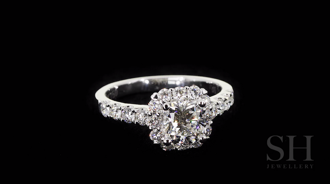 Modern Cushion Shape Halo with Pavé Set Diamond Band - W0041 (Lab Grown)