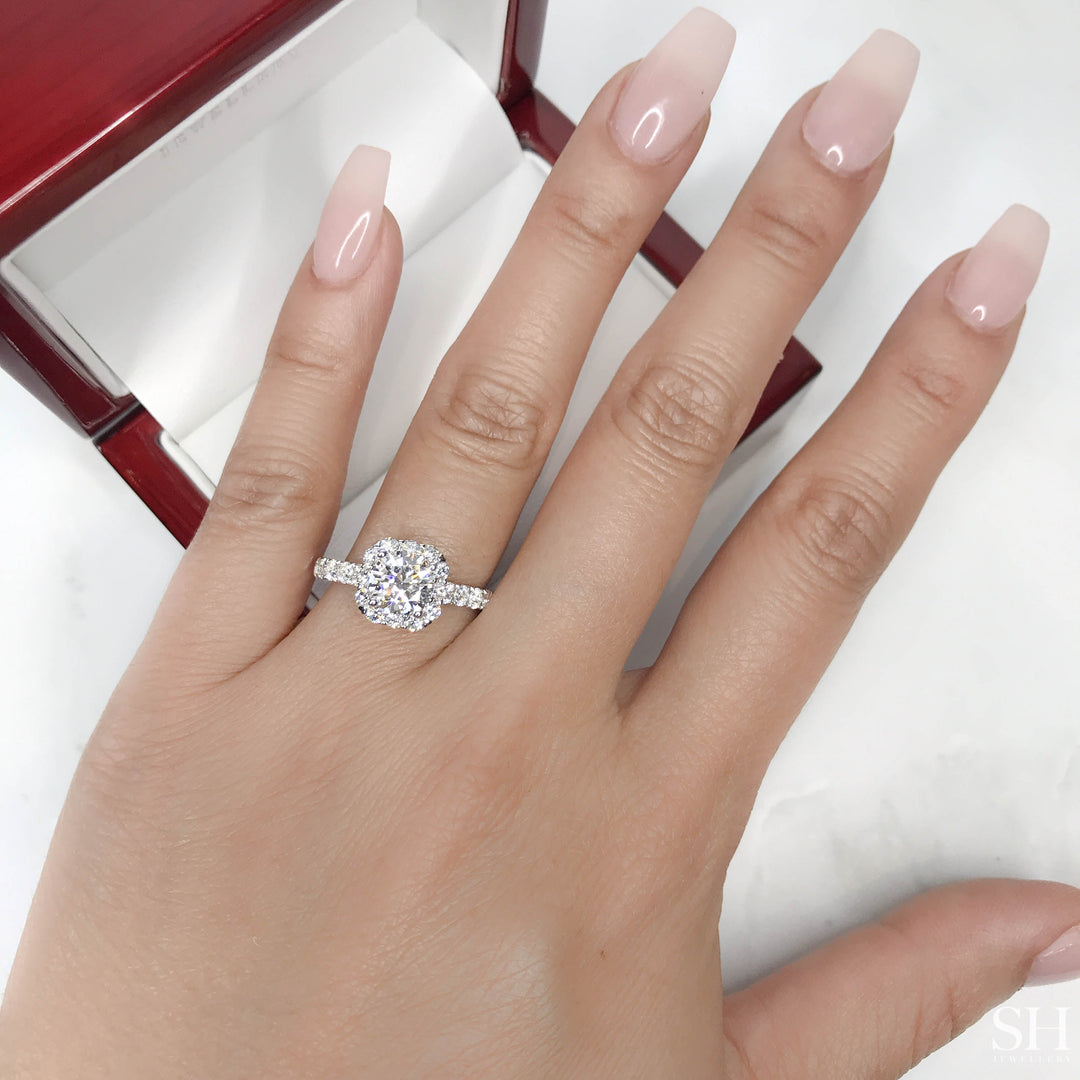 Modern Cushion Shape Halo with Pavé Set Diamond Band - W0041 (Lab Grown)